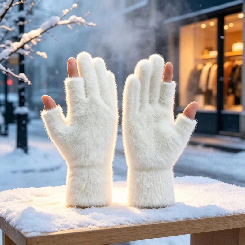 1 Pair of Women's Plush Gloves, Winter Thermal Gloves with 2-finger Exposed Design, Soft and Thick Thermal Gloves Suitable for O