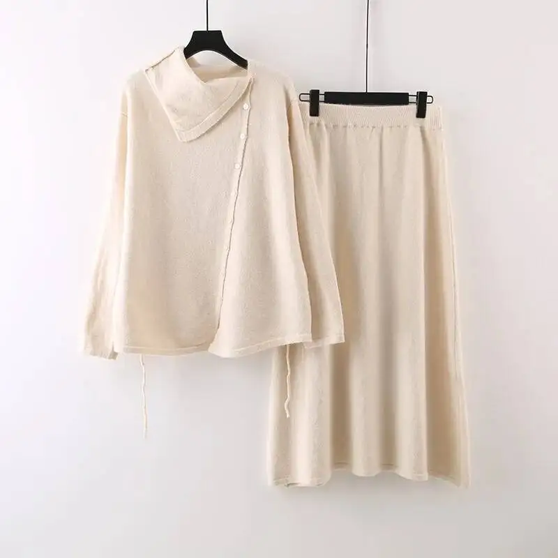 New Autumn Winter Design Women's Knitting Two Piece Set Loose Tie Single Breasted Sweater And Mid-Length Skirts 2EQVV