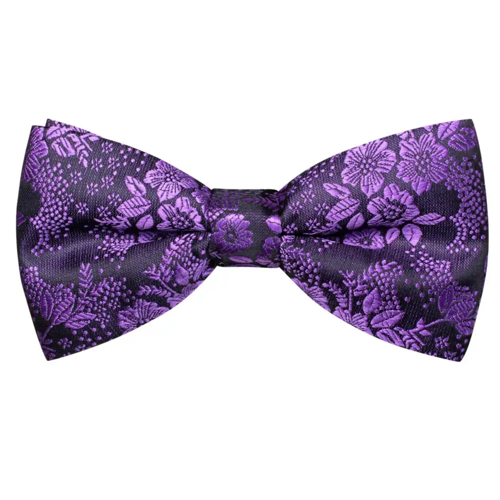 Hi-tie Purple Silk Mens Bow Tie Hanky Cufflinks Set Pre-tied Butterfly Knot Jacquard Floral Bowtie for Male Wedding Business