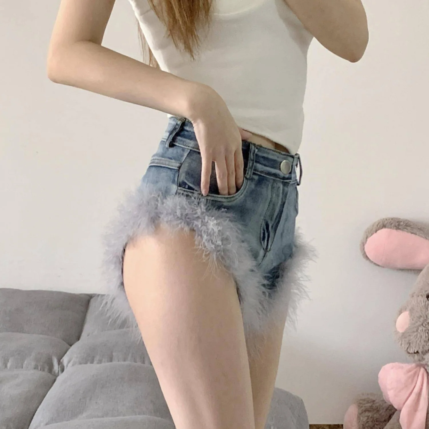 2024 New Women Feather Splicing High Waist Slim Elastic Summer Jeans Denim Shorts Шорты Женские