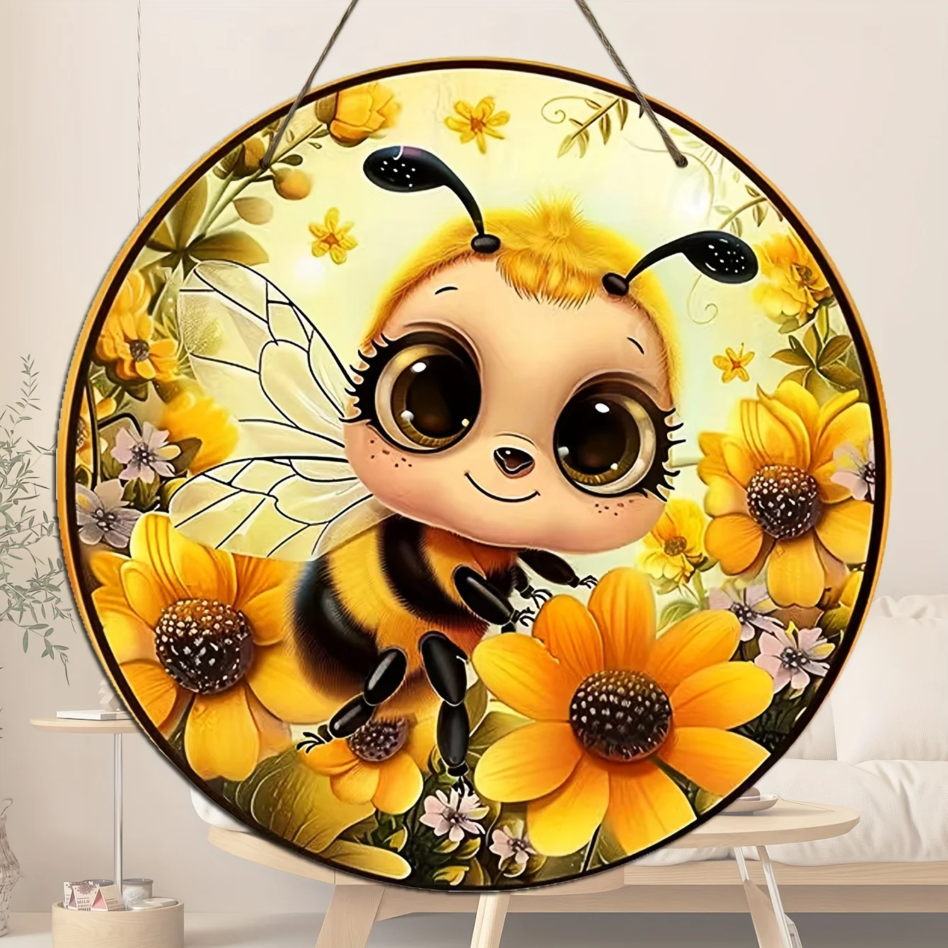 A Wooden Decorative Piece Featuring a Cute Bee Collecting Nectar, Designed As a Round Floral Pendant