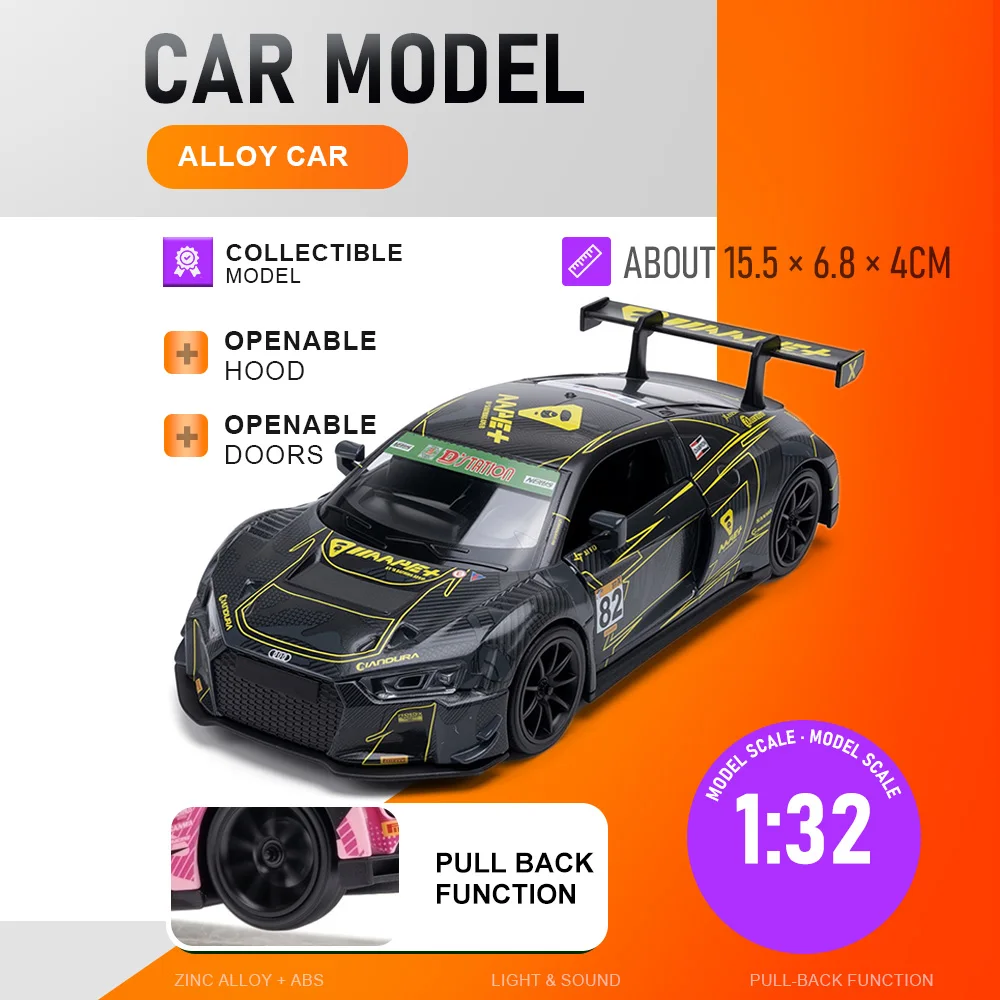 

Масштабные модели 1:32 Audi R8LMS GT3, Nissan GT-R Nismo: коллекционные спортивные автомобили из сплава с открывающимися дверями, звуком, светом и функцией отката назад