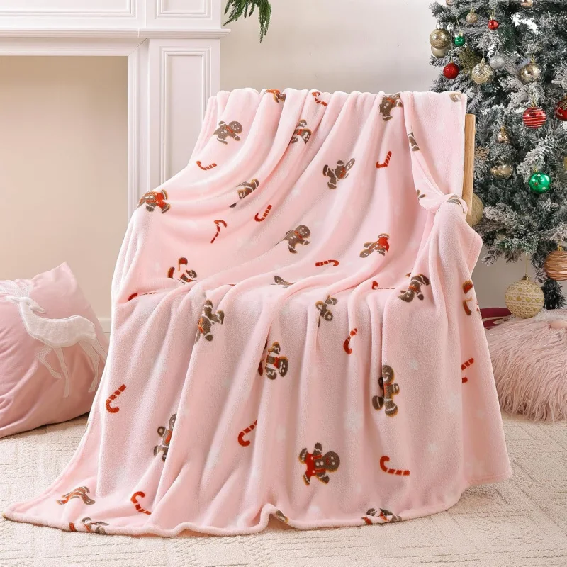 

Pink gingerbread Christmas blanket, winter sofa bed, home decoration, flannel blanket, 80INX60IN