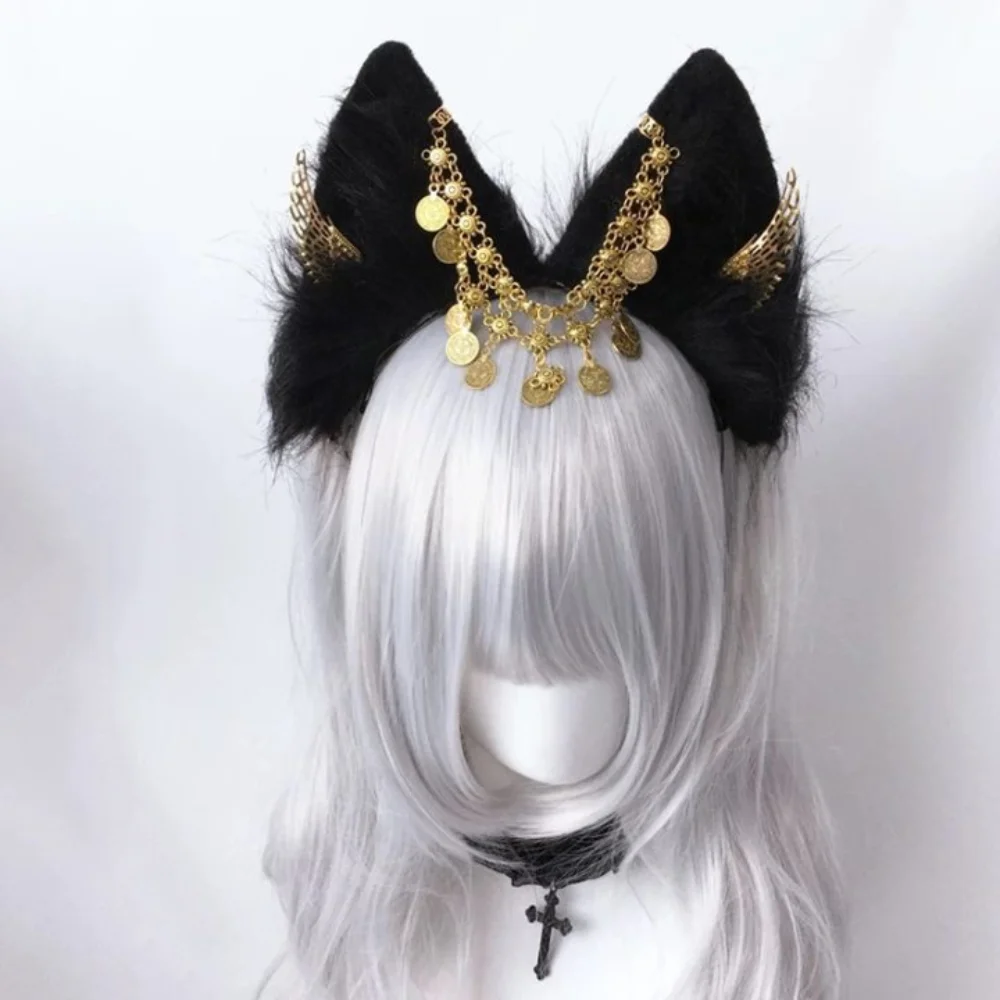 

Golden Wings Cosplay Anubis Headband Tassel Alloy Animal Ears Hairband Gothic Plush Egypt Style Headwear Hair Styling Accessory