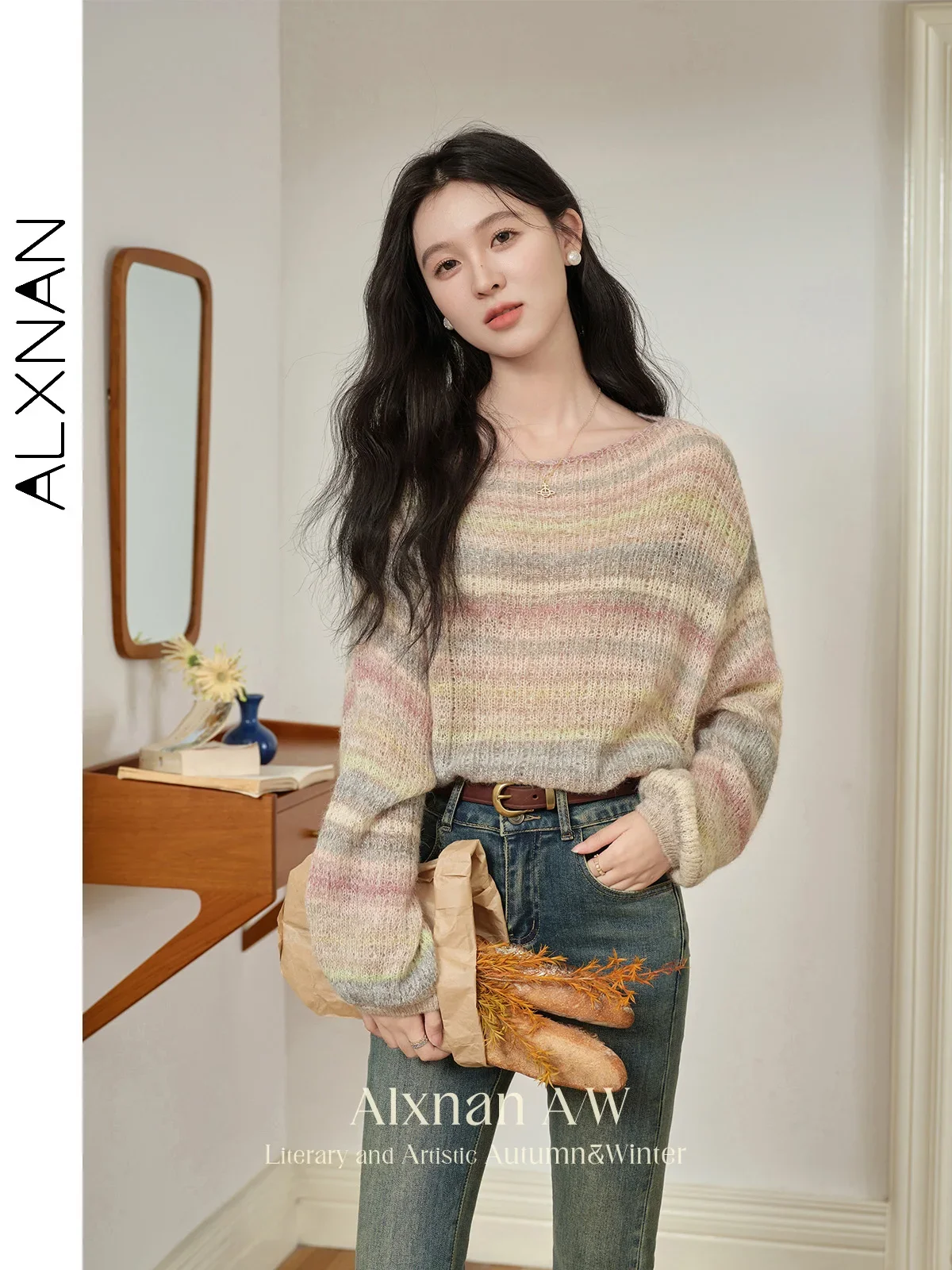 

ALXNAN Women's Baggy Sweater Multi-color Striped Knitted Hollow O-neck 2024 Autumn Winter Female Languid Commuter Jumper L50118