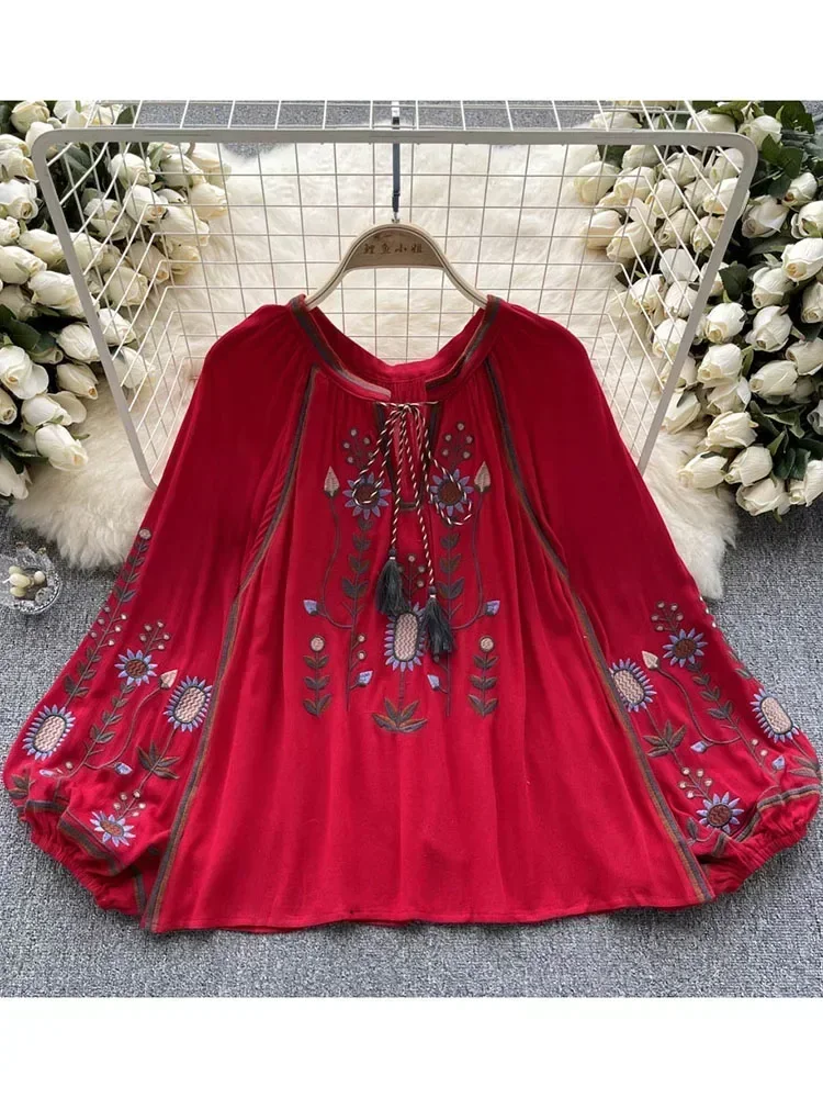 Spring Blouse Bohemian Style Lantern Sleeved Shirt Embroidered Loose Flesh Covering Light Luxury Retro Ethnic Top Women