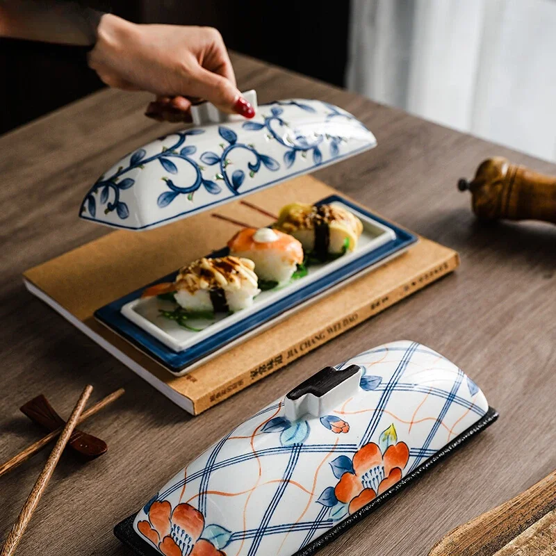 Japanese boutique covered rectangular plate restaurant commercial ceramic sushi sashimi plate features creative dishes