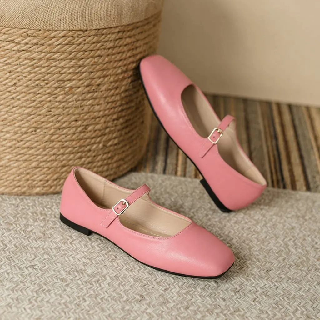 

Soft Leather Flat Bottom Mary Janes Women's Shoes Spring New Style Square Head Breathable Vintage Personality Single Shoes