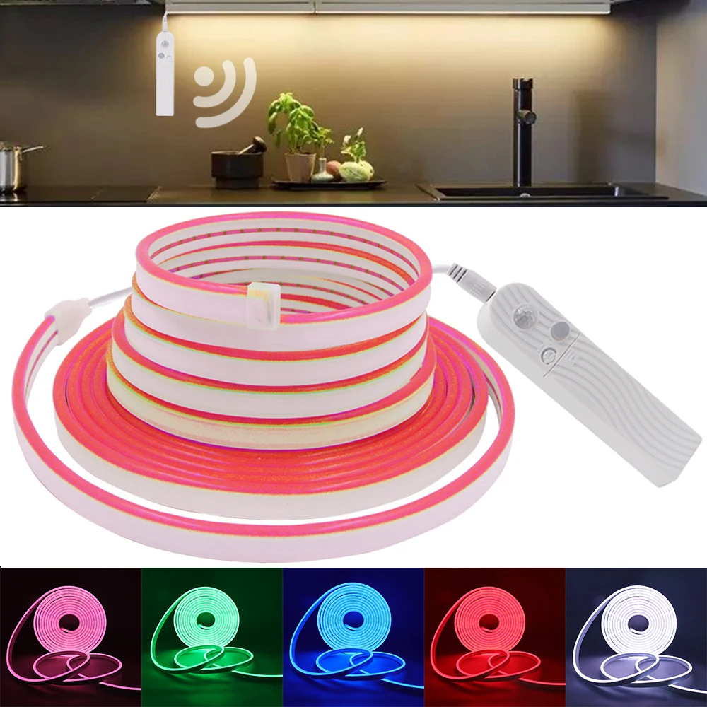 Tira de luz LED de neón con Sensor de movimiento PIR, alimentada por batería, cuerda de neón impermeable para exteriores, luz azul, rojo, verde,