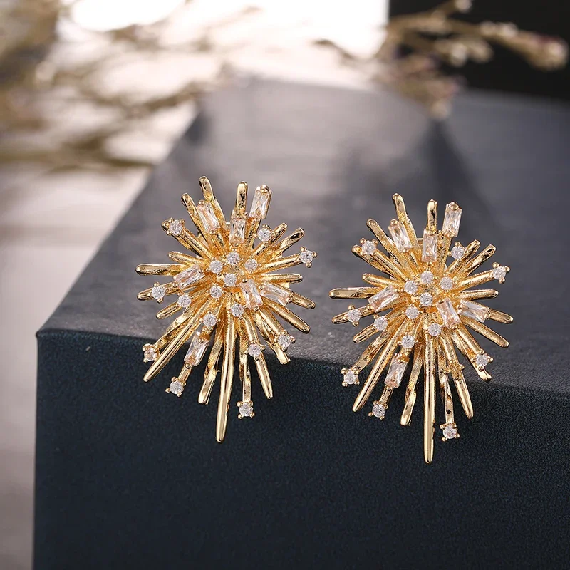 Fashion Korean Personality Firework flowers Clip on Earrings Without Piercing Brass Inlaid Zirconia Earrings for women Jewelry