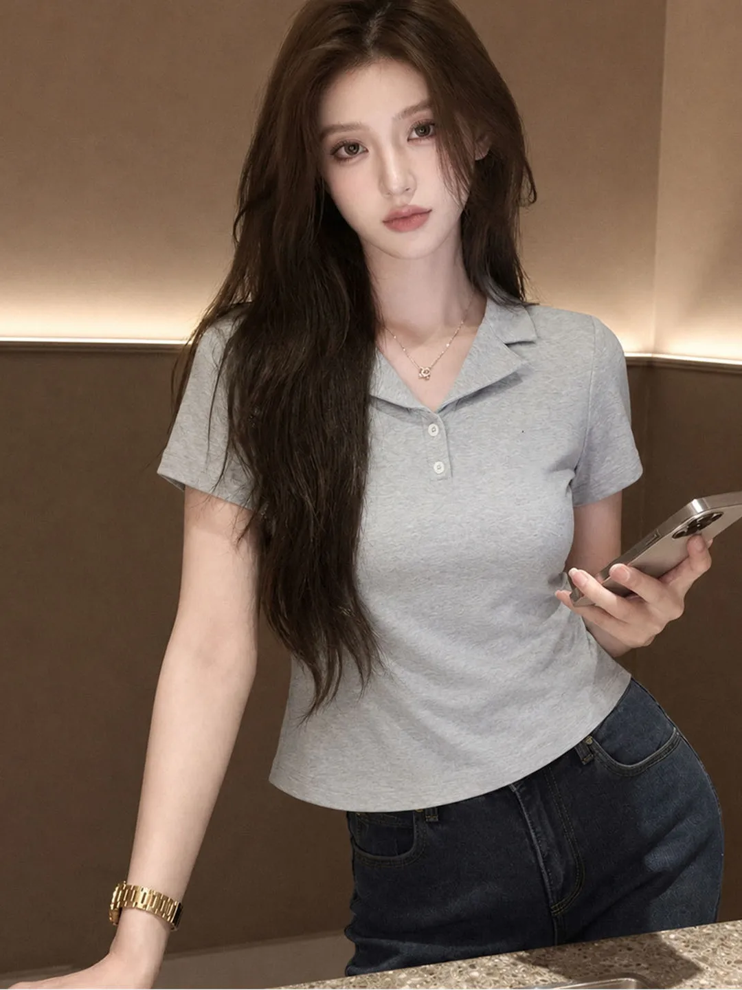 

Korean Style Simple Elegance Shoulder Short Sleeve T-Shirt Versatile Summer Top High End Casual Women's Shirt Basic Color