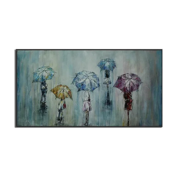 

People Walking In The Rain With Umbrella Painting 100% Hand Painted Oil Painting On Canvas Decorative Blue Wall Art For House
