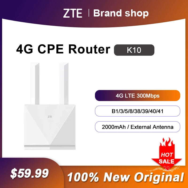 

Unlocked ZTE K10 WiFi Router 300Mbps 4G LTE Router Network Amplifier With SIM Card Slot Battery Support Voice Call LAN RJ11 PORT