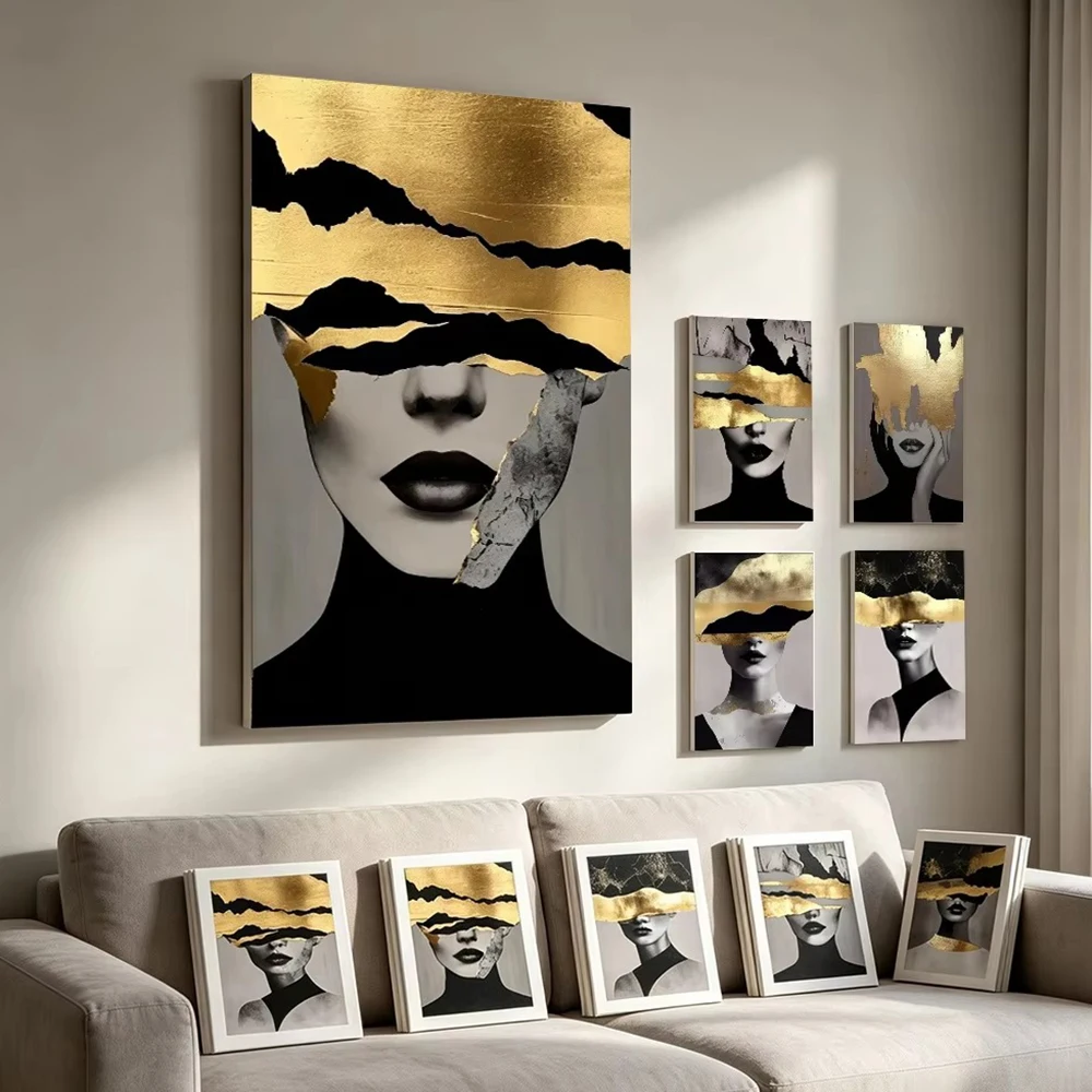 Gold-Schwarzes Porträt einer Frau, Poster, abstrakte, moderne Figur, Kopfdruck, Leinwandbild, Wandkunst für Zimmer, Heimdekoration – Detail 8