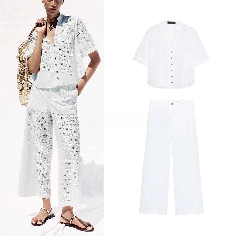 

Summer New Cotton Embroidered Hollow ort Sve irt Wide Leg Casual Pants Two Piece Set V Ne Button Closure Faion Ens...