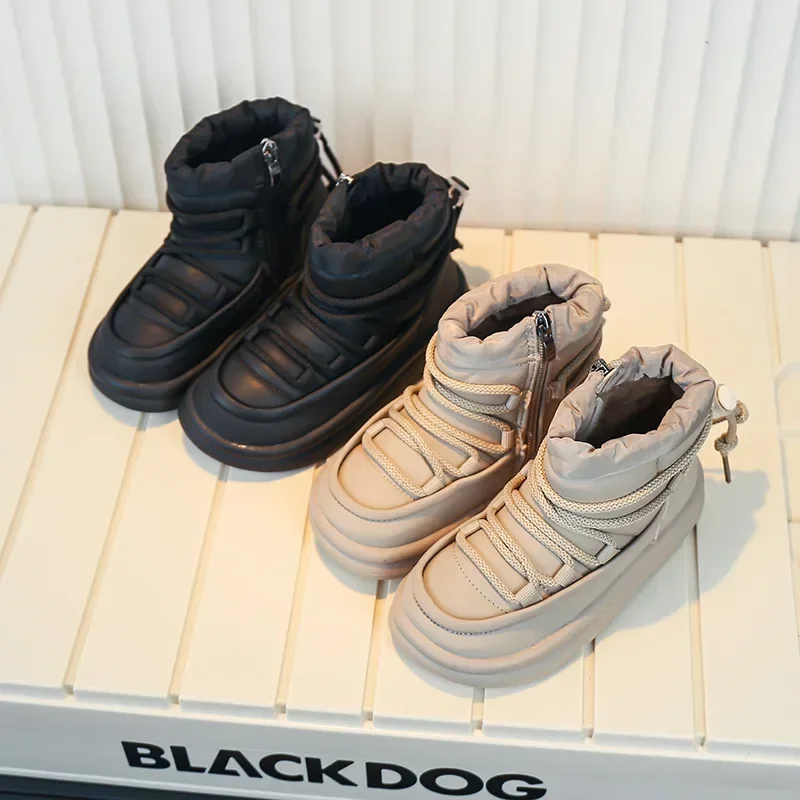 Boys Girls Snow Boots with Drawstring Children Fashion Boots Waterproof 2024 Winter Brand New Kids Short Boots with Side Zipper