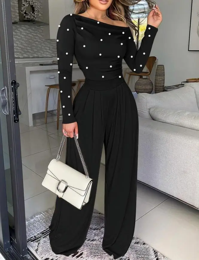 

Jumpsuit Women 2025 New Pearls Decor Skew Neck Long Sleeve Cinched Waist Overalls Casual Ruched Zipper Back Wide Leg Jumpsuit