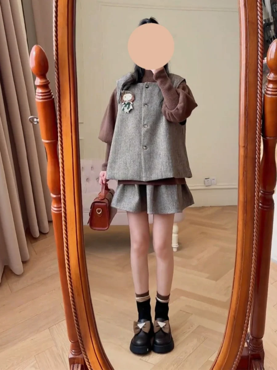 

Faionable Pure Color Long Sve Sweater Set High Waist Skirt Vest Tee Piece Set for ort Women Autumn Wear Knot