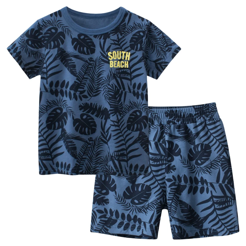 2024 Summer New Beach Set for Boys Coconut Tree Print Short Sleeve T-Shirt + Shorts Children's Clothing Leaf Pattern Kids Outfit