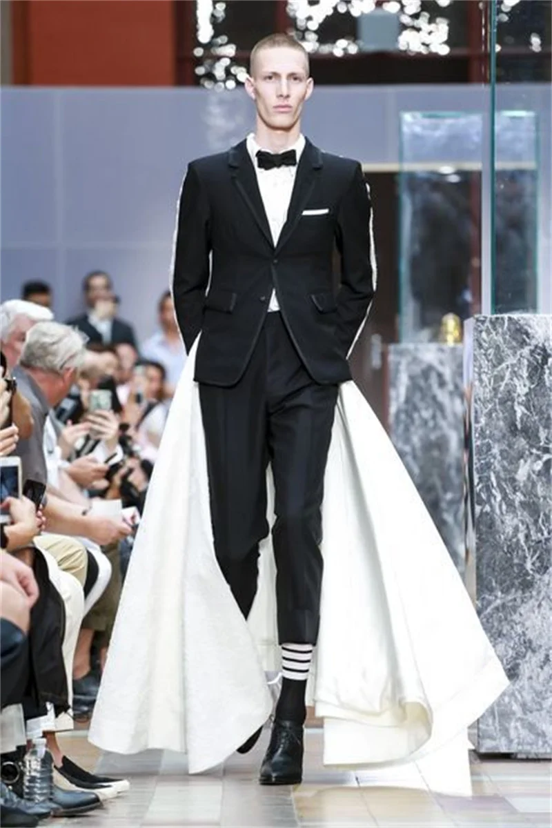 

Черный мужской костюм, комплект из 2 предметов: пиджак + брюки с длинным шлейфом, роскошный свадебный смокинг, хлопковый формальный офисный пиджак для жениха, выпускного вечера, пальто