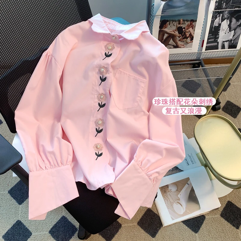 

Chic Solid Color Pink Kawaii Sweet Age Reducing Shirt Vintage French Romantic Blouses Single-breasted Embroidery Flower Blusas