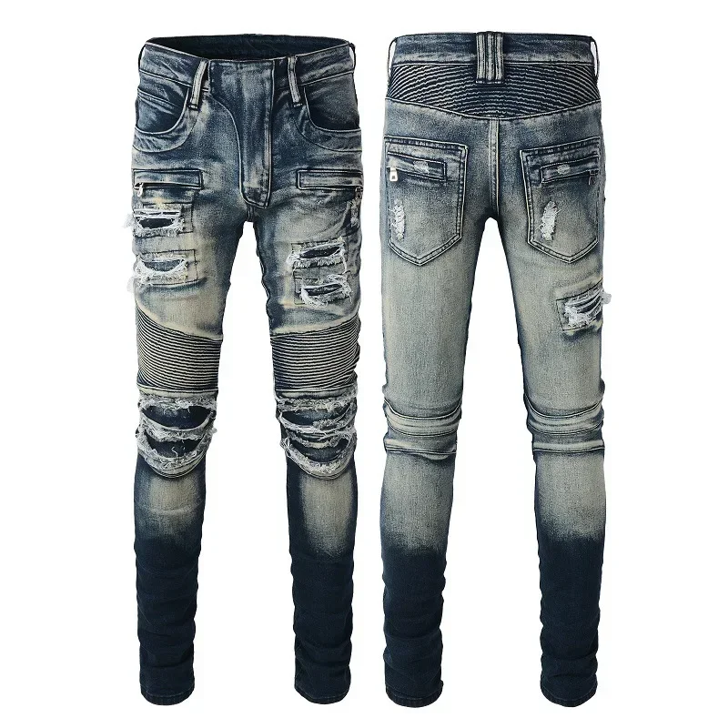 

Pop Four Seasons Men's Trendy Hole Skinny Vintage Blue Jeans Trousers Elastic Casual Patch High Street Denim Pants Male Streetwe
