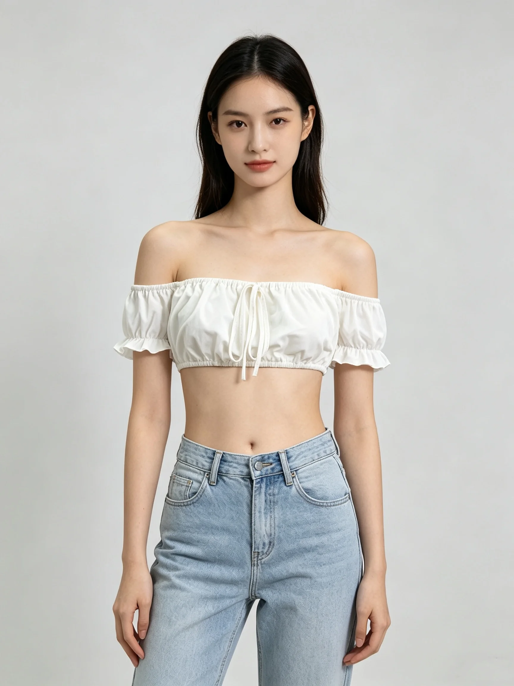 French Sweet One-Shoulder Top with Bubble Sleeves Strapless Drawstring Slimming Spicy Girl Short Top Exposed Navel