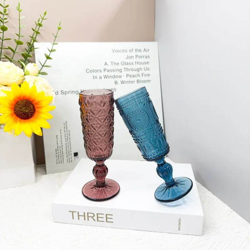 2Pcs European embossed champagne  stained glass goblet juice cup wedding retro red wine sweet wine