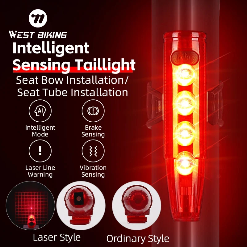 WEST BIKING Bike Taillight Type-C Rechargeable LED Bicycle Rear Light Cycling Smart Brake Sensing Lamp MTB Road Bike Taillight