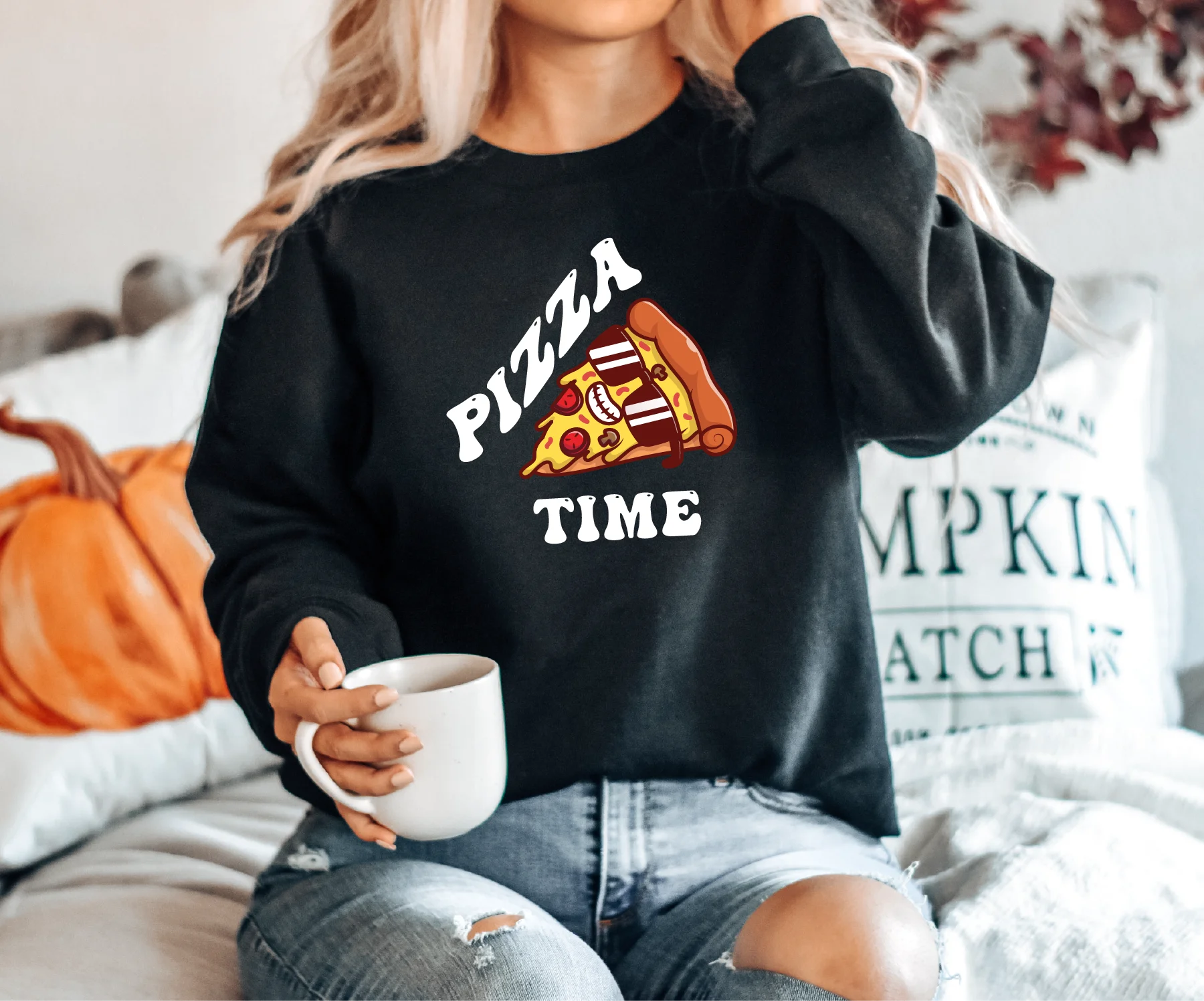 Unisex Pizza Time Sweatshirt Cool Sunglasses Pizza Cute Funny Comfortable Long Sleeves Pullovers Winter Women Clothes