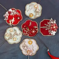 Round Polygon Fan Type Bride Bouquet Flower Chinese Style Crystal Pearls Bridal Mini Fan Xiuhe Accessories