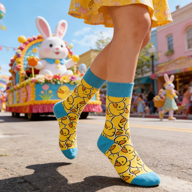1 pair Fun Yellow Duck Patterned Socks,Kawaii Women's Contra