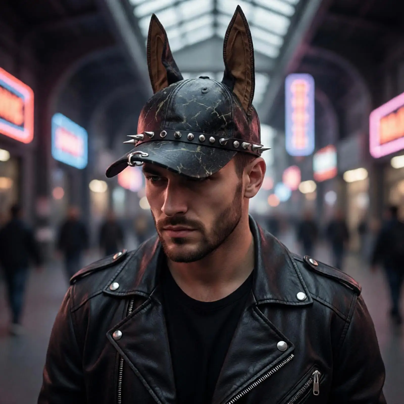 Y2K Punk Doberman Ear Leather Baseball Cap for Men Women Spiked Rivet Decor Hat Harajuku Streetwear Duckbill Hat Gothic Cool Hat