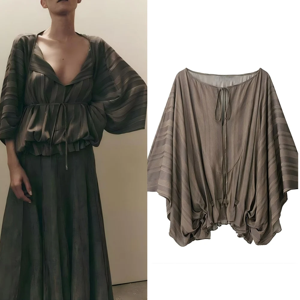 

Women's 2025 new fashion lace up decoration fluffy jacquard top retro long sleeved women's pullover chic top