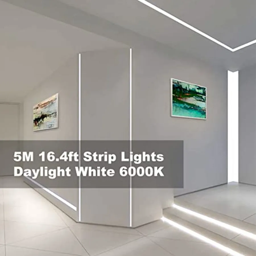 KOPMHYE 5M Dimmable LED Strip Lights Kits, 12V Tape Light, 300 2835 LED, 16.4ft 6000K Daylight White Ribbon with Power Adapter,