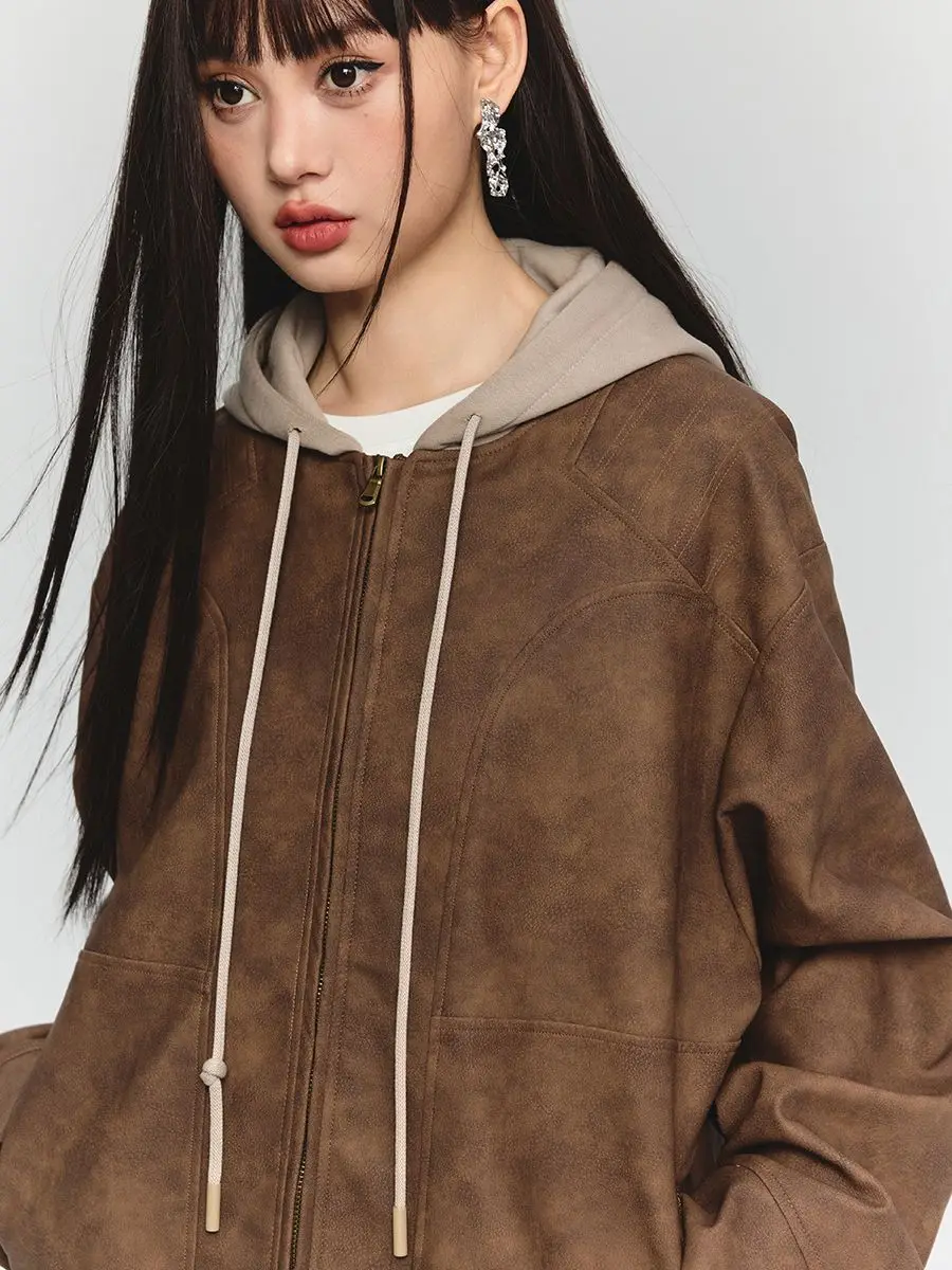 American Autumn and Winter Sweatshirts Fake Two Pieces of Maillard Peel Jacket Hooded Cardigan and Cotton Jacket for Women