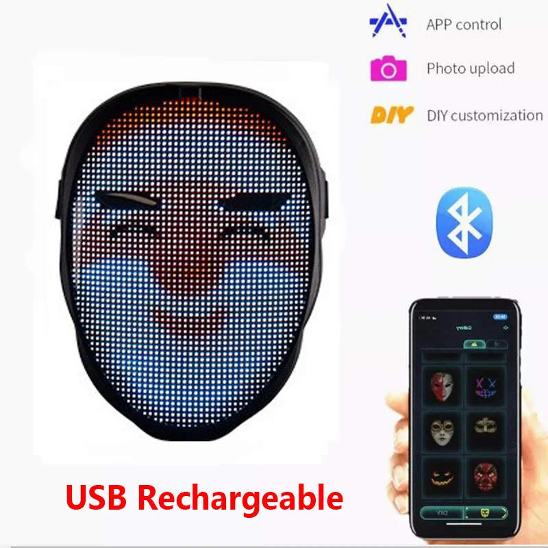 

Led Light Up Mask Bluetooth APP Programmable Changing Face Luminous Mask for Halloween Christmas Party Carnival Bar DJ