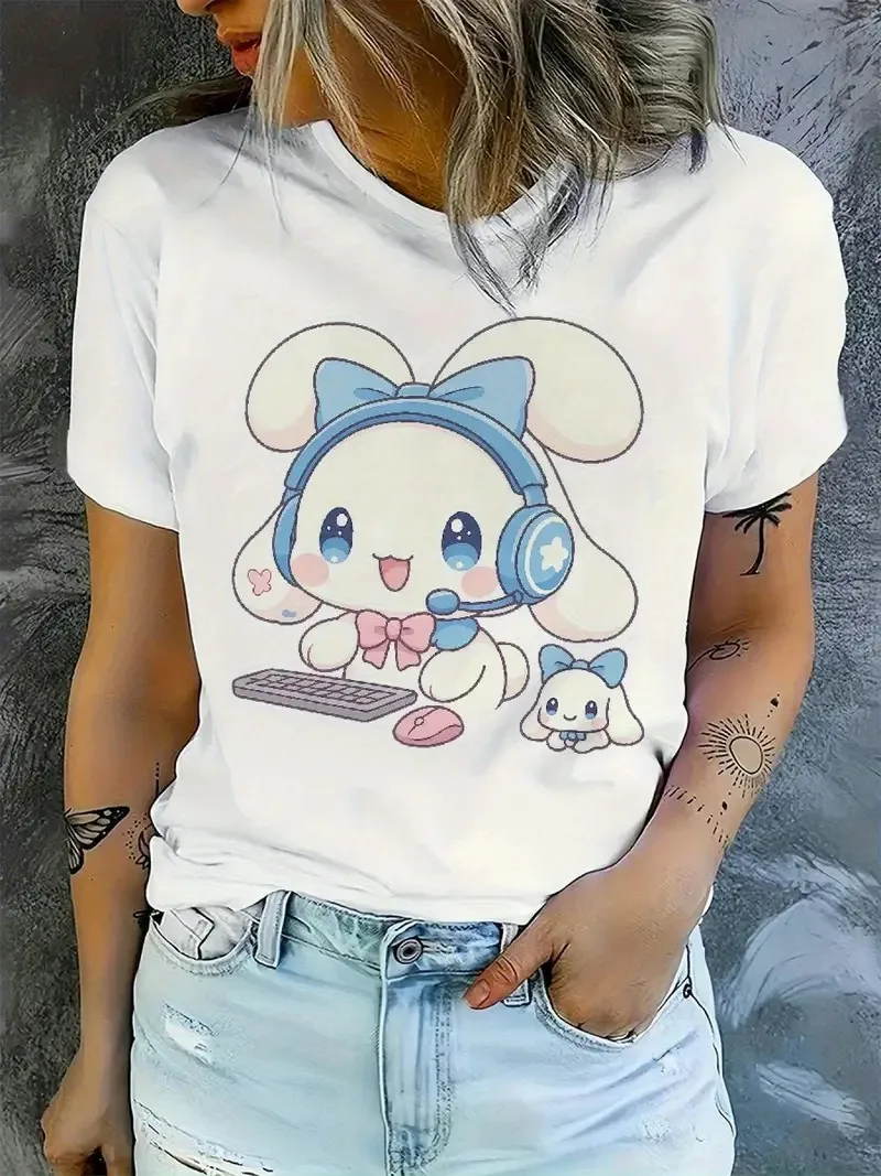 Cute Bunny with Headset Keyboard Pure Cotton T - Shirt Adorable Cartoon Rabbit in Gamer Style Fun Graphic Tee Arrival Tee S-4XL