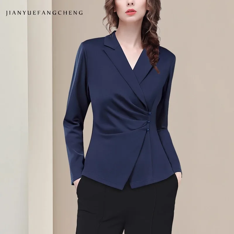 

Элегантный костюм с воротником, женская синяя узкая рубашка с длинными рукавами, асимметричные облегающие офисные женские топы и блузки на пуговицах