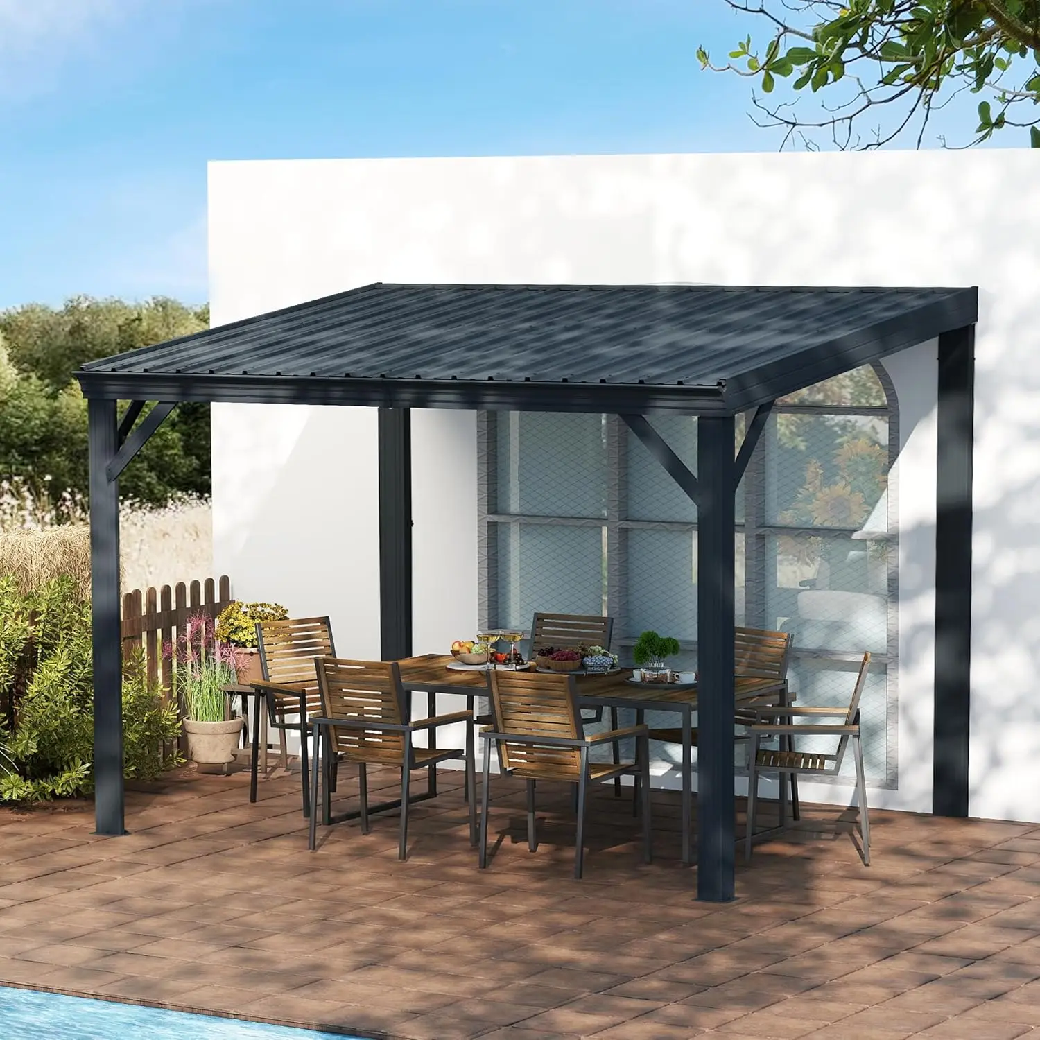 

10'X12' Lean To Gazebo, Wall Mounted Gazebos Pergola with Built in Drainage System,Galvanized Steel Roof, Hardtop Patio Shelter