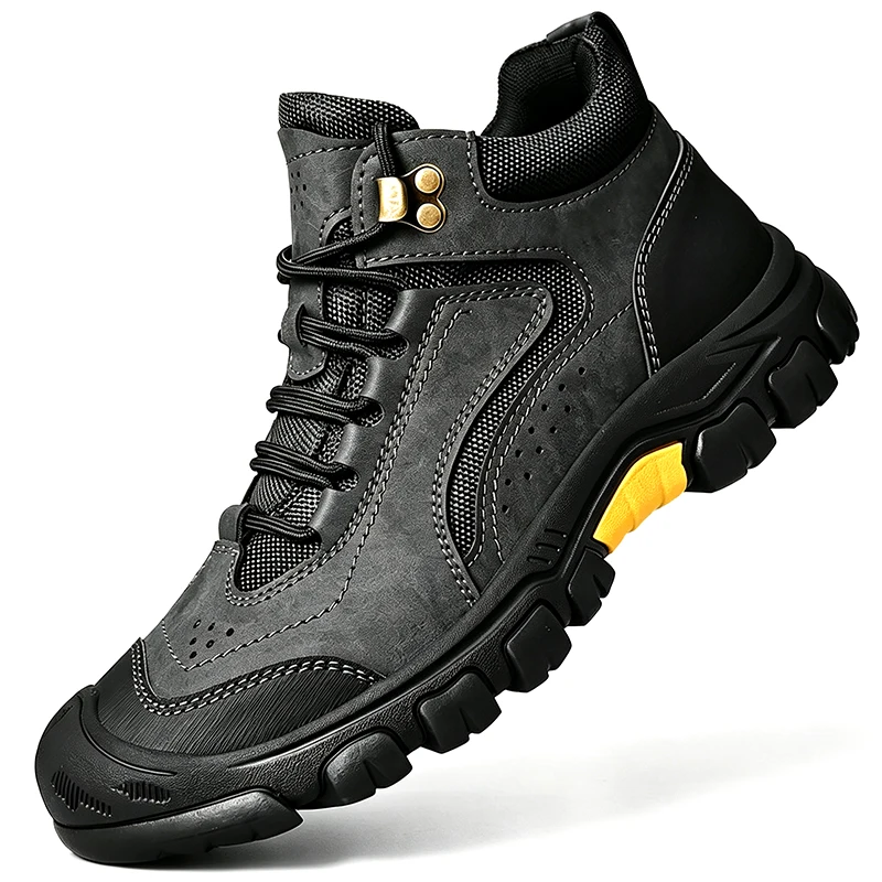 Men Mid Top Fleece Lined Work Boots Non-slip Wear Resistant Outdoor Hiking Shoes Plus Size Autumn Winter Warm Trekking Sneakers