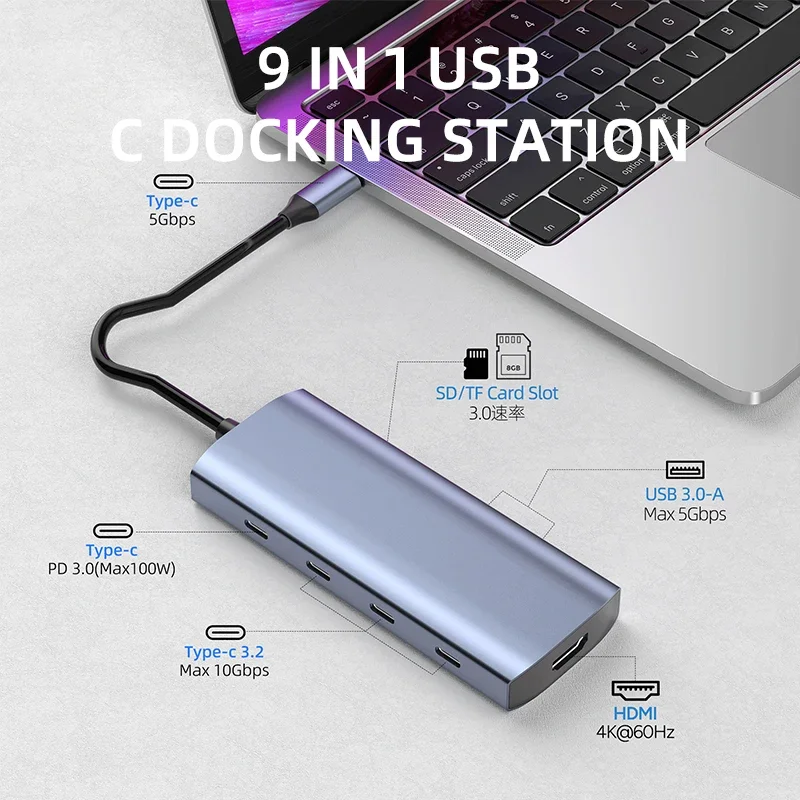 9 in 1 HDMI USB C Docking station include 100W charge PD 10Gbps Type c 3.2  TF SD 5Gbps USB 3.0 Multifunctional laptop adapter