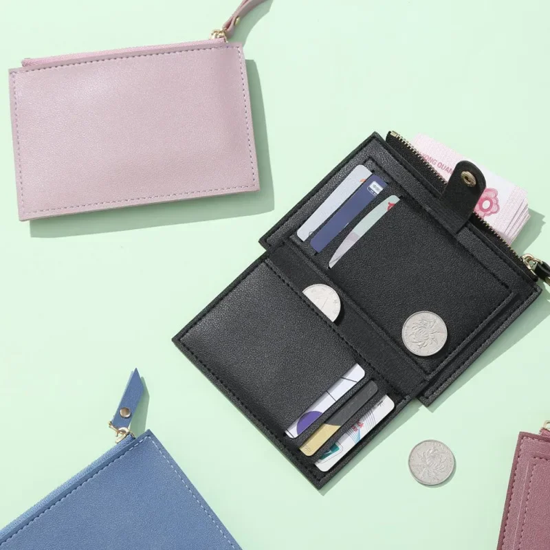 Cartera corta delgada para mujer, monedero plegable con cremallera para tarjetas de crédito, monedero de Color sólido, billetera multicapa de gran capacidad