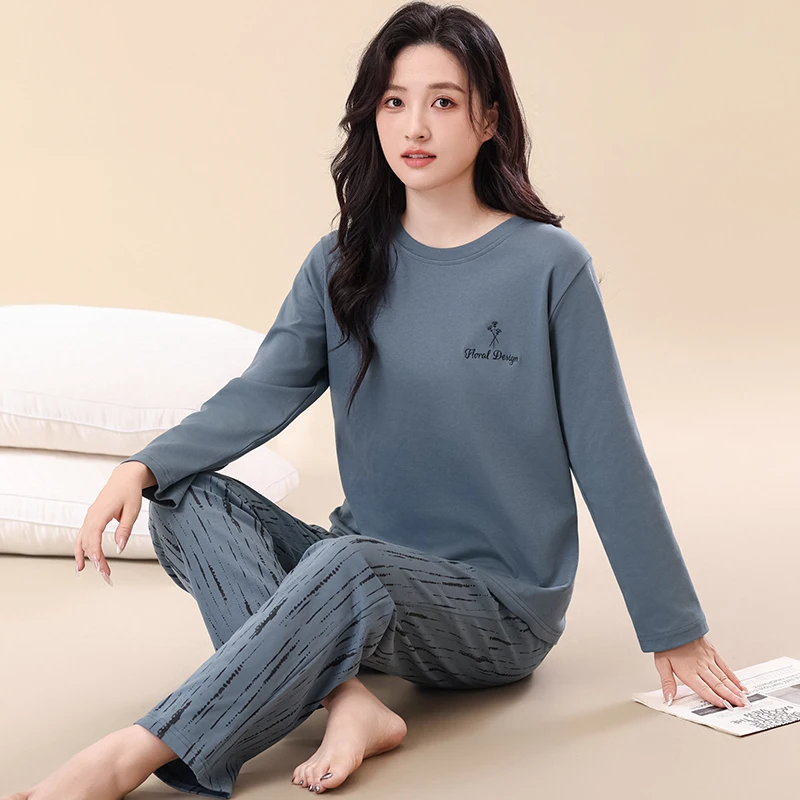 

Women Pajamas Long Sleeve Long Pants Full Pure Cotton O-neck Sleepwear Female Spring Home Clothes 4XL Young Ladies Homewear Set