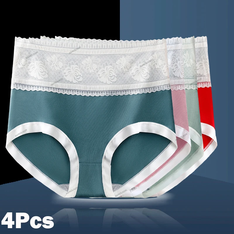 4 Stück/Set Damen-Baumwollslips, sexy Spitzenunterwäsche für Frauen, High-Waist-Slips, große Größen, transparente Slips