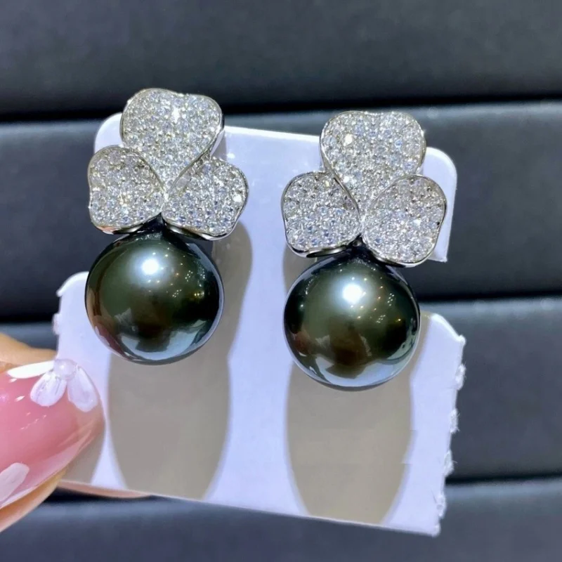 Brilliant South Sea Black Pearl Earrings AAAA round 10-11 Mm Oversized Perfect 925 Silver Jewelry for Women