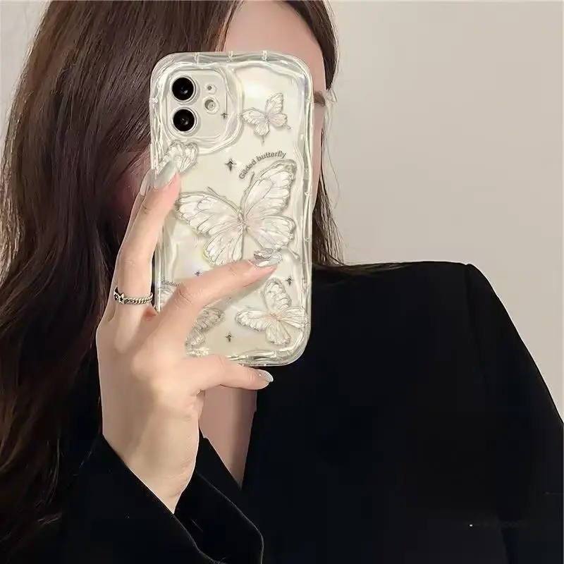 Laser Pearl Chain Butterfly Phone Case For IPhone 15 14 13 12 11 Pro Max X XS XR 6 6S 7 8 Plus SE 2 3 Mini Cover Soft Luxury