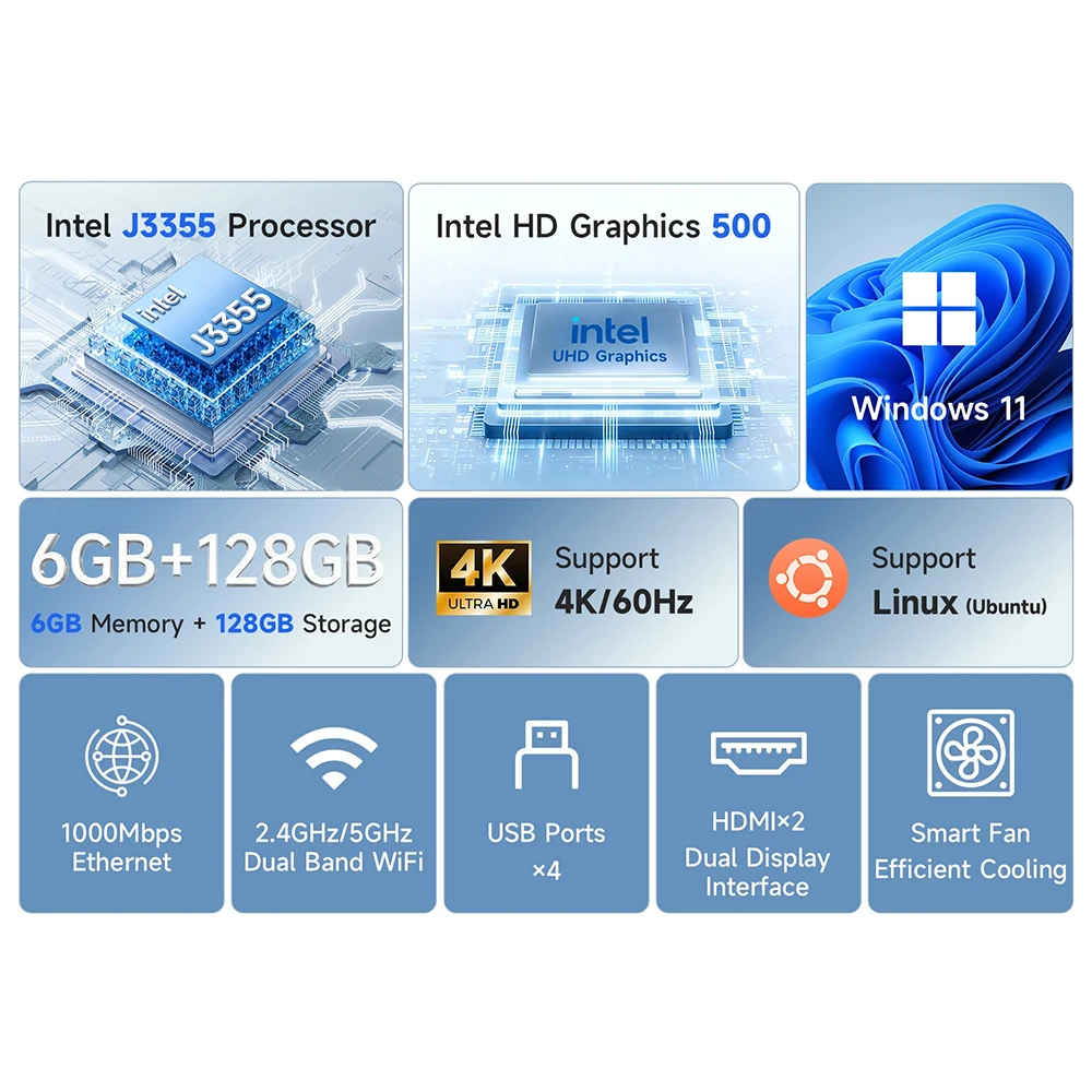 Immagine 4: BMAX Mini B1 Plus Nuovo Mini PC |     Intel J3355, 6 GB RAM, 128 GB, Win11, WiFi Dual Band, BT5.0, Memoria Espandibile M.2, Compatto, 223 g