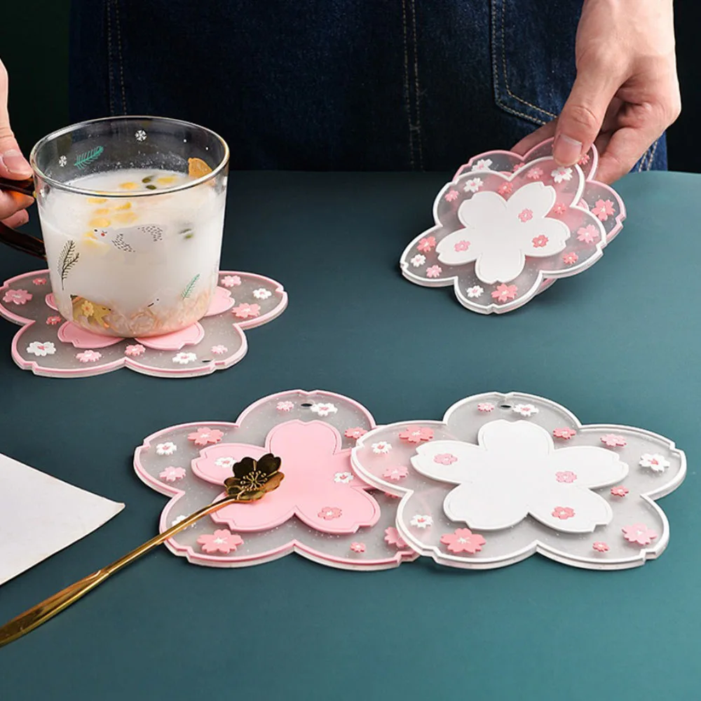 Cherry Blossom Silicone Cup Coaster Non-Slip Heat Insulation Mat for Coffee Tea Mug Cute Desktop Decorate Kitchen Table Placemat 2