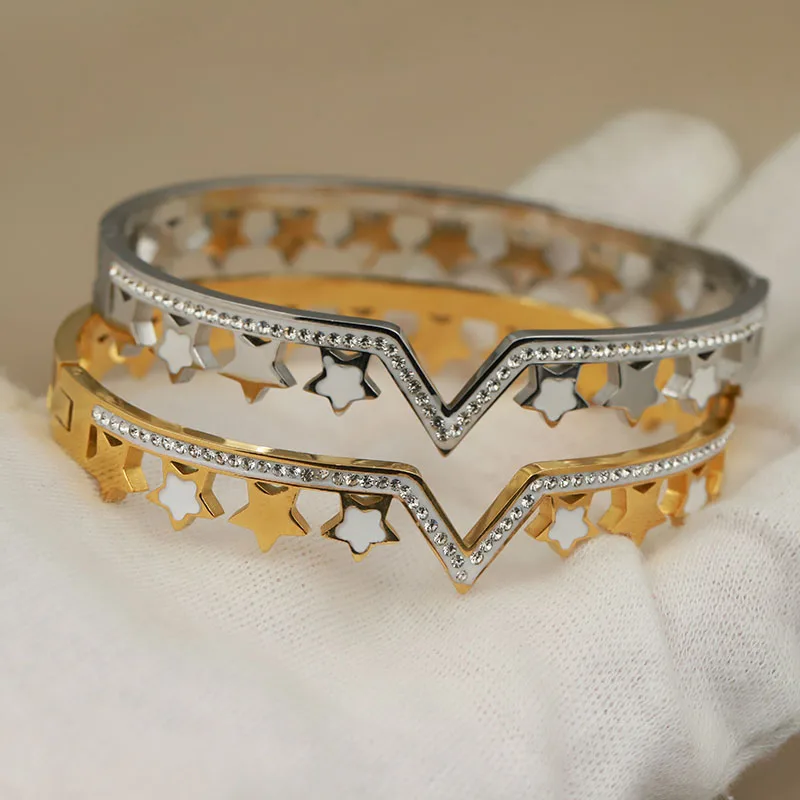 

Stainless Steel Metal Star Bangles&bracelets for Women Fashion Brand Jewelry Crystal Letter V Bangles Accessories